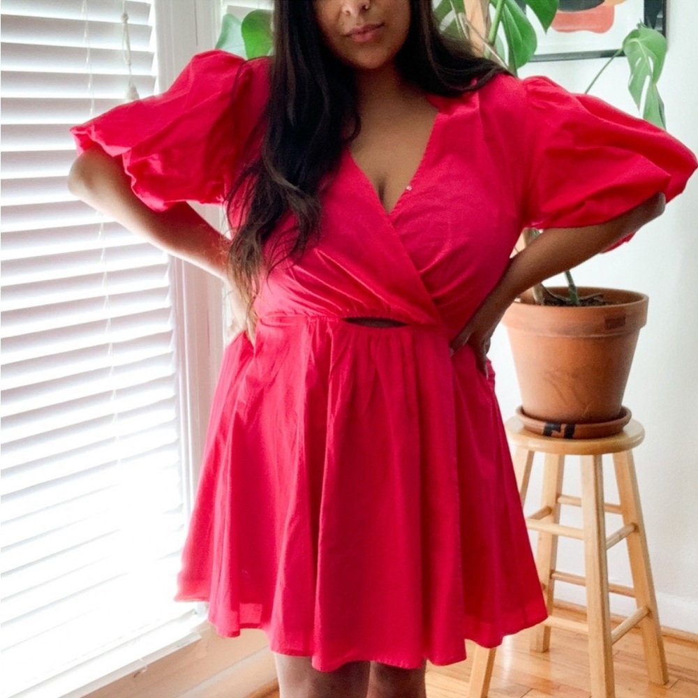 And Now This- 3x Hot Bright Pink Puff Sleeve Mini Dress Cutout NWT - Picture 2 of 9
